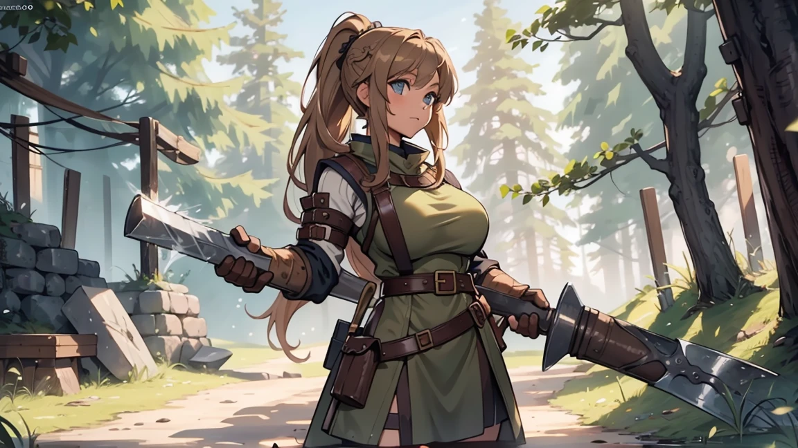 a little female viking, age 18, 150 cm long, brown long hair, a ponytail, holding one ((large sledgehammer)) with one hand, dressed in a short medieval leather-dress, the surrounding environment is a stoney forest.