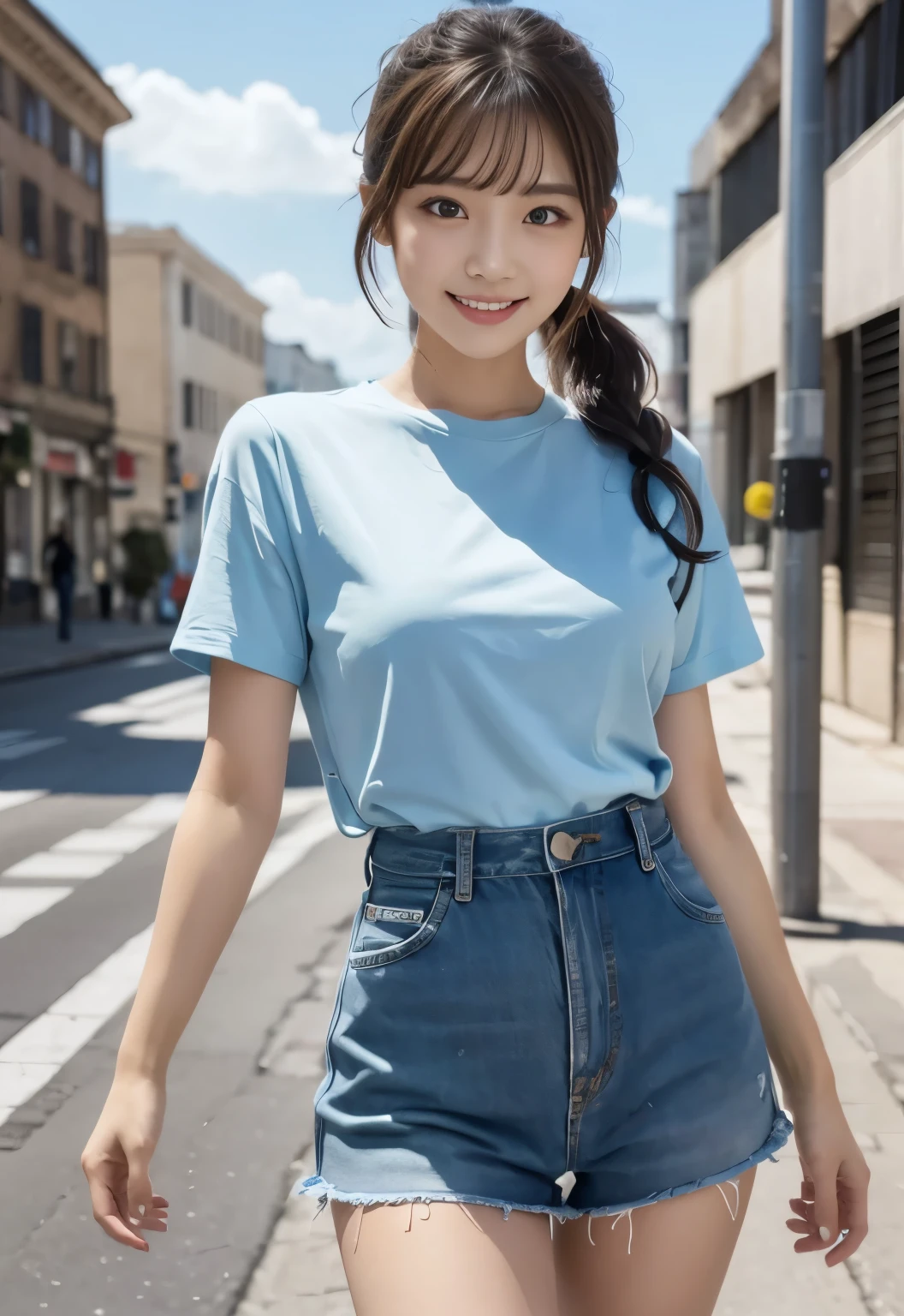 (masterpiece, best quality:1.1), (8k, raw photo, photo realistic:1.2, f22), (shiny skin), detailed skin,ponytail,ribbon,detailed face, detailed eyes,smile,BREAK, real world, intricate details, smil, BREAK, 1girl, full body,(short sleeve,ribbon,Blue,stripe),BREAK, (street:1.4)
