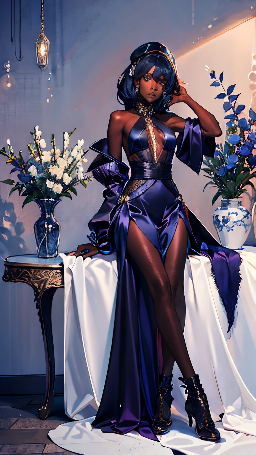 (masterpiece, full body shot, low angle shot, golden hour, 4k, detailed background),
there is a beautiful dark-skinned Haitian goth girl reaching for sugar cube while sitting at luxurious Haitian dining room drinking coffee, ((mess of mokapot and mint herbs and rolling papers and cigars)) on ornate wooden table,

(beautiful dark-skinned (Haitian:1.3) ((goth girl)), lithe figure, (afro-textured cerulean hair:1.3), (shy expression),

(wearing luxurious sheer bodycon dress, (very small breasts:1.4), (dark areolas), freckles on chest), (wearing stacked azurite jewel necklace), (wearing long ruffled socks), (wearing skateboarding sneakers), 

(copious cone incense burning in background), (overgrown potted cannabis sativa plants in glass vase in background),