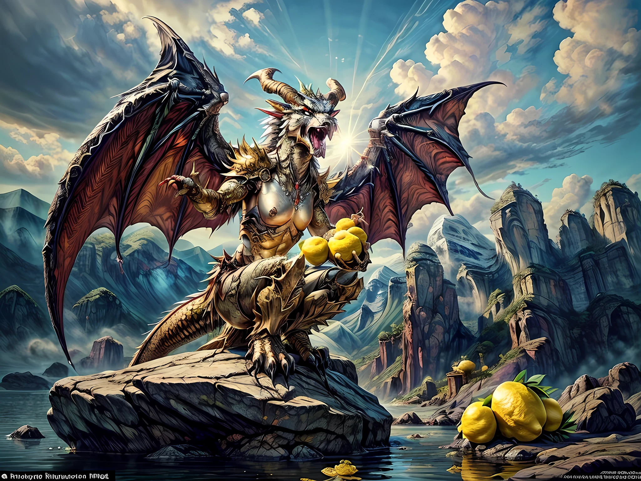 a picture of a gold dragon sitting on a massive rock , (eating a lemon: 1.3), (eating lemon: 1.5) (best details, Masterpiece, best quality :1.5), dragon_real cloudy skies background, an epic gold dragon (best details, Masterpiece, best quality :1.5) extremely detailed dragon,  horns, dragon_wings, dragon wings wide spread, ultra detailed face, the lemon is juicy dripping juice on the rock (best details, Masterpiece, best quality :1.3), birds view, sun rays, red divine rays, sun rays reflected in clouds (best details, Masterpiece, best quality :1.5), sense of serenity sense of awe majestic atmosphere, ultra best realistic, best details, best quality, 16k, [ultra detailed], masterpiece, best quality, (extremely detailed), ultra wide shot, photorealism, depth of field, hyper realistic painting,