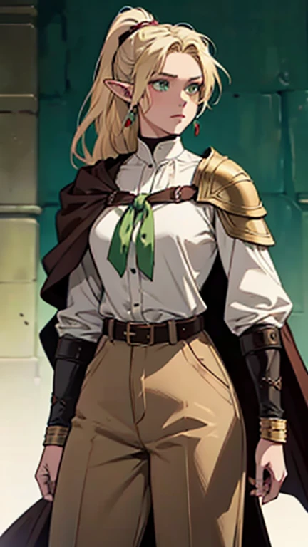 Dark fantasy art style, Marvel comics watercolour style, a 20-year-old girl, athletic build, olive skin, blonde straight hair, ponytail, elf ears, green eyes, straight nose, cuff earring, beige antique Slavic shirt, wide trousers, brown leather shoulder pads, brown wide belt with a dagger, dark long cape,