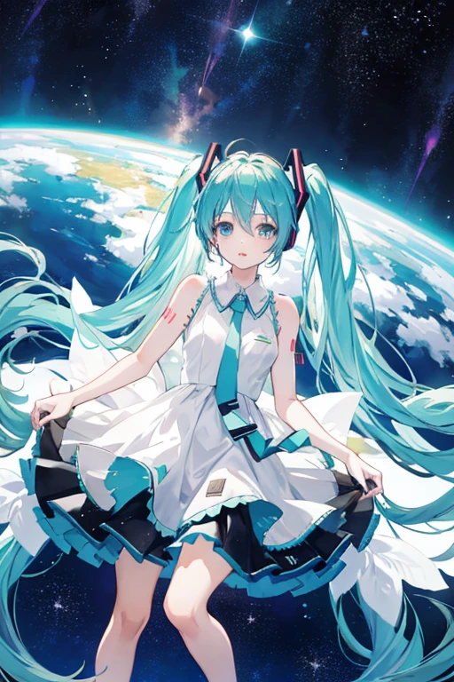 Hatsune Miku, Sleeveless outfit(Status Outfits, Official costumes), Space, Starry Sky, Earth in the sky, singing,