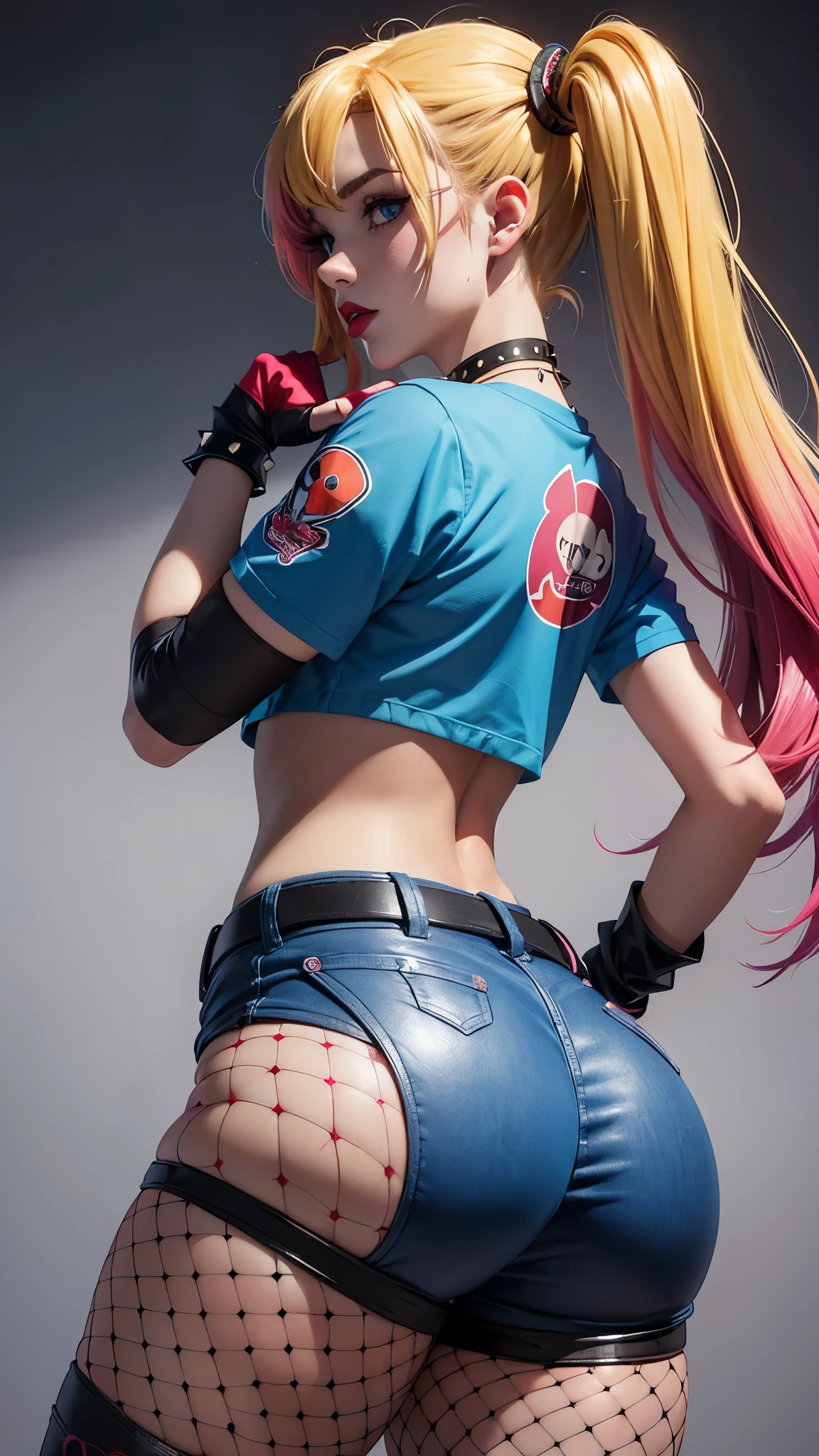 HARLEY_QUINN,solo,long_hair,breasts,looking_at_viewer,blue_eyes,blonde_hair,shirt,gloves,twintails,blue_hair,ass,pantyhose,multicolored_hair,shorts,choker,midriff,belt,looking_back,fingerless_gloves,from_side,lips,crop_top,gradient_hair,makeup,lipstick,fishnets,multicolored_clothes,spikes,red_lips,fishnet_pantyhose,spiked_bracelet,baseball_bat,multicolored_shirt,PAWG,thick_thighs,