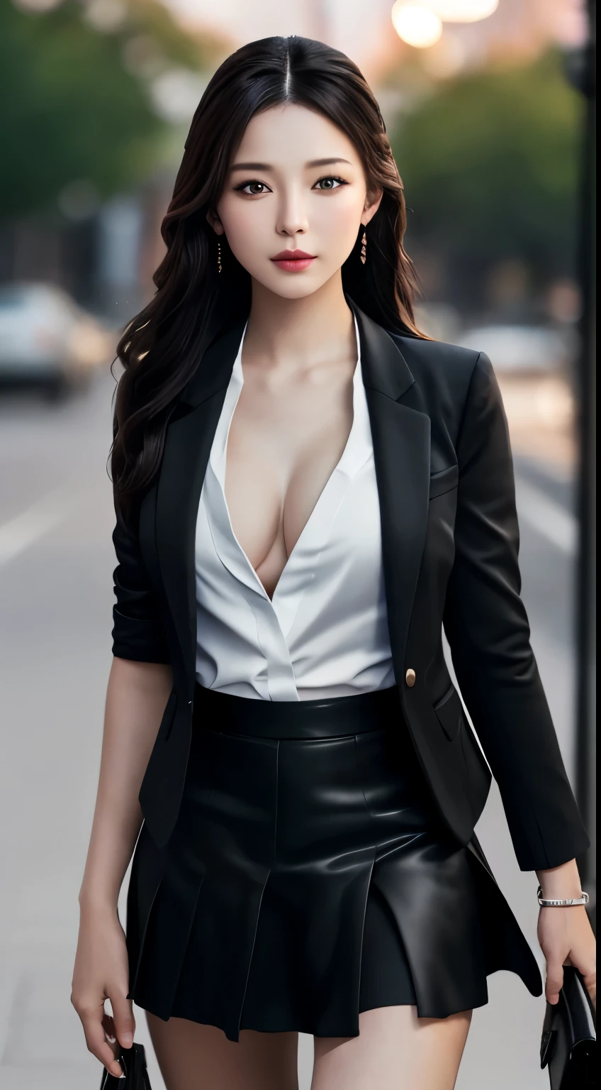 best quality, masterpiece, 1girl, Beautiful face, (photo realistic:1.3), rim lighting, (high detailed skin:1.2), 8k uhd, dslr, high quality, high resolution, 4k, 8k, Bokeh, absurdres, best ratio four finger and one thumb, (realistic:1.3), cute 1girl, wearing black formal blazer, medium breasts, short skirt,