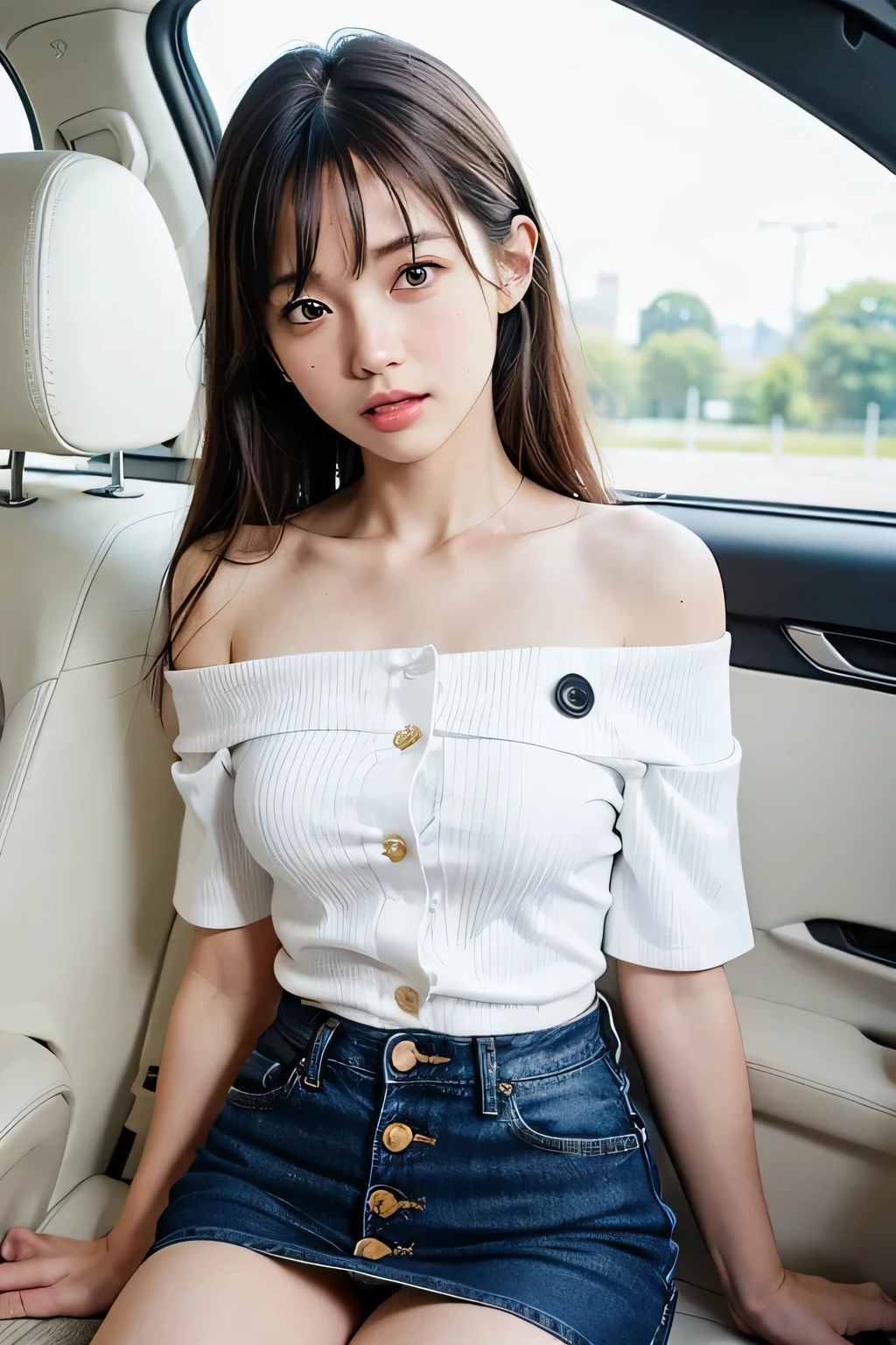Very detailed CG Unity 8k wallpaper、highest quality、Very detailed、masterpiece、reality、Photorealistic、Very detailedなかわいい女の子、18-year-old、(High school girls:1.7)、((White short-sleeved off-the-shoulder buttoned shirt:1.4))、(((White cotton short sleeve shirt:1.7)))、((Shooting from the front:1.4))、((Dark blue denim mini skirt:1.4))、((Sitting in the passenger seat of a sports car:1.4))、((Confused expression:1.4))、blush、Cleft lip、Looking at the audience、((Cowboy Shot:1.4))、((Straight medium long hair:1.7))、((Black Hair:1.4))、(Beautiful Face:1.3)、(Perfect Proportions:1.2)、(Long legs:1.2)、(Small breasts:1.3)、((Upper Body))、((White panties are visible:1.4))、Angle from below、reality、