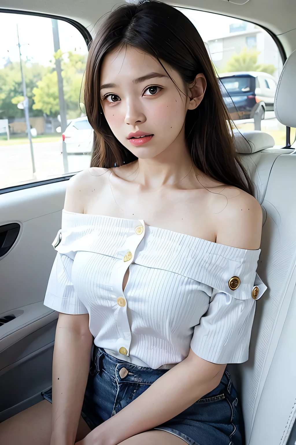 Very detailed CG Unity 8k wallpaper、highest quality、Very detailed、masterpiece、reality、Photorealistic、Very detailedなかわいい***、18-year-old、(High school girls:1.7)、((White short-sleeved off-the-shoulder buttoned shirt:1.4))、(((White cotton short sleeve shirt:1.7)))、((Shooting from the front:1.4))、((Dark blue denim mini skirt:1.4))、((Sitting in the passenger seat of a sports car:1.4))、((Confused expression:1.4))、blush、Cleft lip、Looking at the audience、((Cowboy Shot:1.4))、((Straight medium long hair:1.7))、((Black Hair:1.4))、(Beautiful Face:1.3)、(Perfect Proportions:1.2)、(Long legs:1.2)、(Small breasts:1.3)、((Upper Body))、((White panties are visible:1.4))、Angle from below、reality、