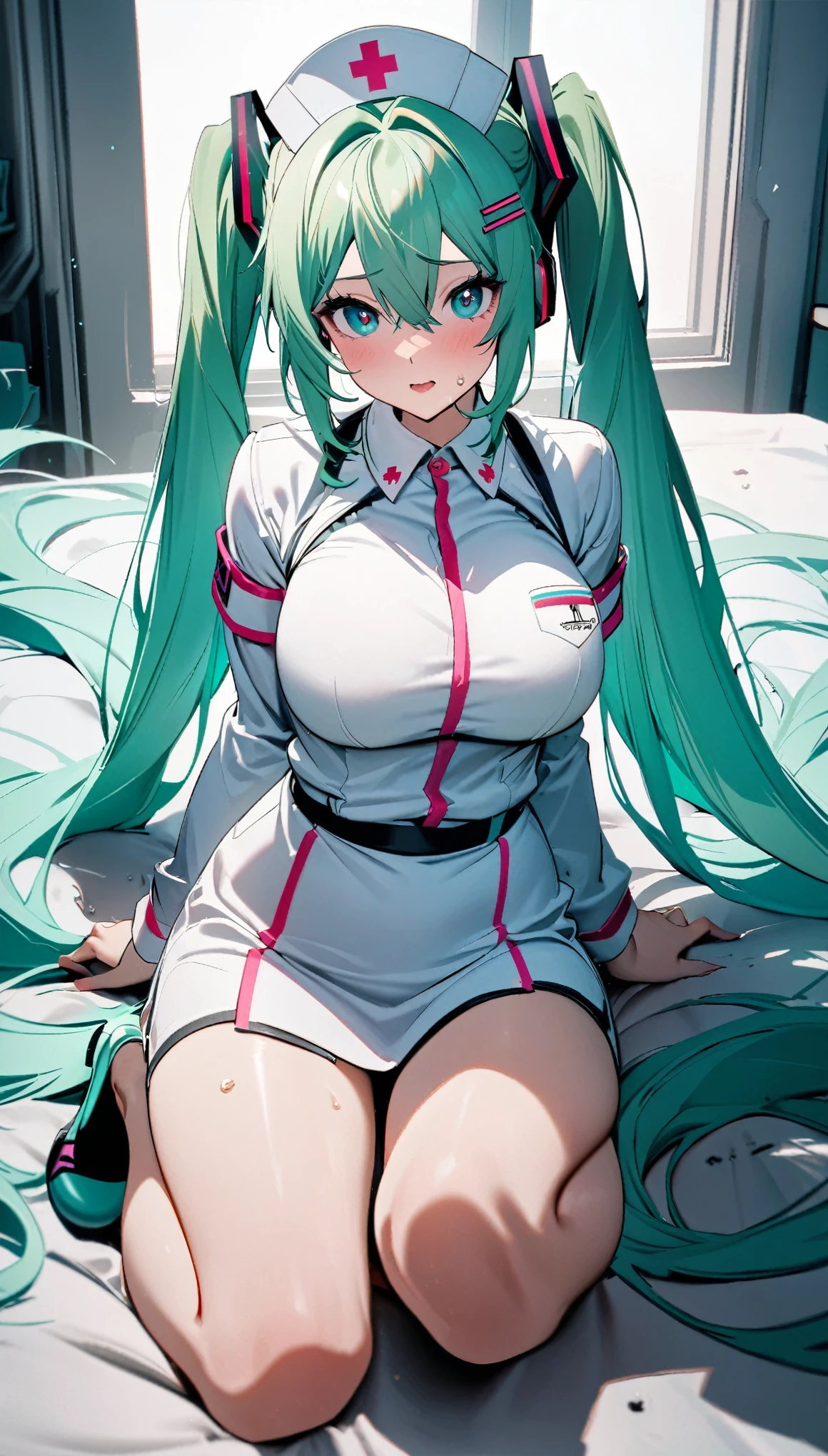 (8k, best quality, masterpiece:1.2),\(Eye details\),\(Facial features details\),(\(Clothes details details\)\),(1 girl:1.3),solo,full body,silicon dioxide,Hatsune Miku,Light green hair,Double tail,Large Breasts,large breasts,Nurse uniform