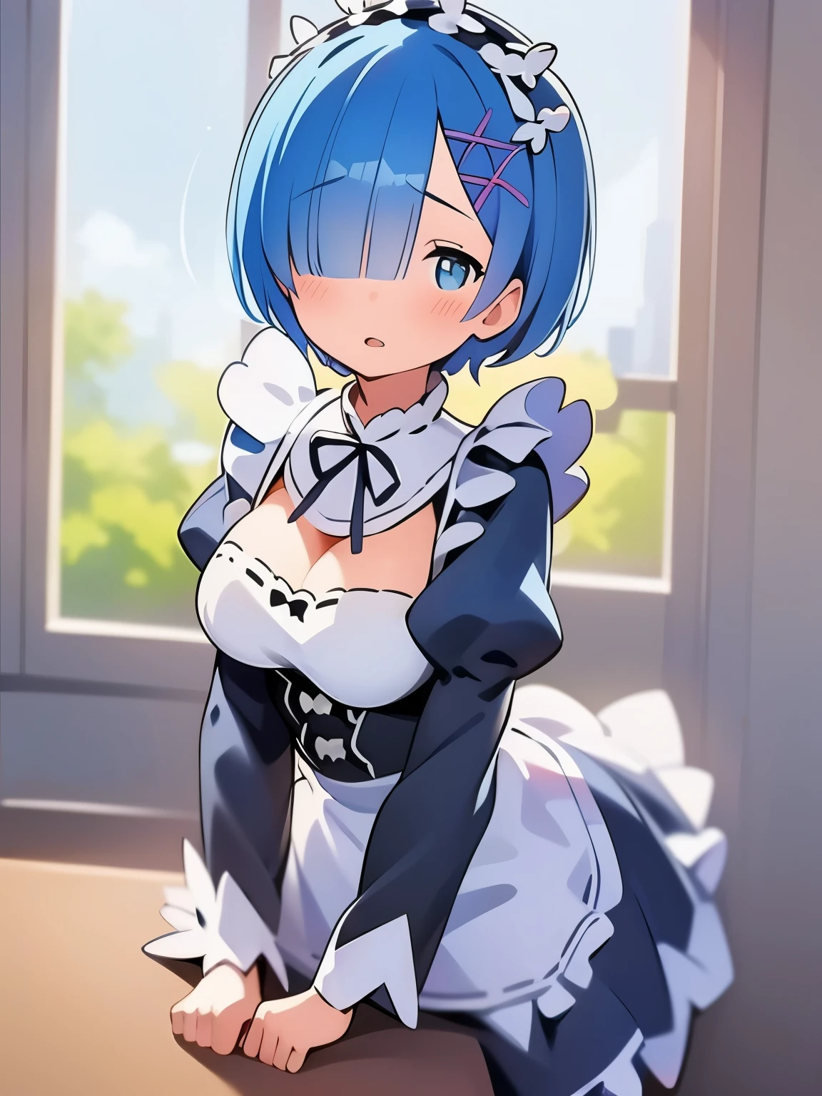 (Best Quality,4K,hight resolution,Ultra-detailed:1.2),Anime style,Food and table、16 year old girl standing、Animated picture,Wearing an apron,smile shy,Blushing,Solo Focus,White Apron,shiny dark blue hair、Straight short hair、Green eyes、Blunt bangiddle size breasts,Looking at Viewer,mead,Indoors,Open mouth,Short sleeves,Maid headdress,Beautiful Girl,Anime Maid. masutepiece, Best Quality, hight resolution, ram1, 1girl in, Solo, Remu \(Re:Staynight\), Blue hair, white thighhig, Short hair, Red Eyes, Hair over one eye, Ribbon trim, Hair Ribbon, X Hair Ornament, frilld, Maid headdress, Waist apron, garter strap, a black ribbon, medium breasts, cleavage, Long sleeves, White Apron, Neck ribbon, Purple Ribbon, Wide sleeves, Hair Flower, Indoors, Sitting, crossed legs, (masterpiece, 4K resolution, Ultra-realistic, Very detailed), girl、、16 years old, holding panties, presenting panties, Perfect Fingers、tie, blue panties, 1girl, solo, breasts, looking at viewer, blush, short hair, blue eyes, hair ornament, dress, ribbon, medium breasts, blue hair, hair ribbon, outdoors, detached sleeves, sky, day, hair over one eye, apron, blue sky, maid, maid headdress, x hair ornament, pink ribbon, roswaal mansion maid uniform