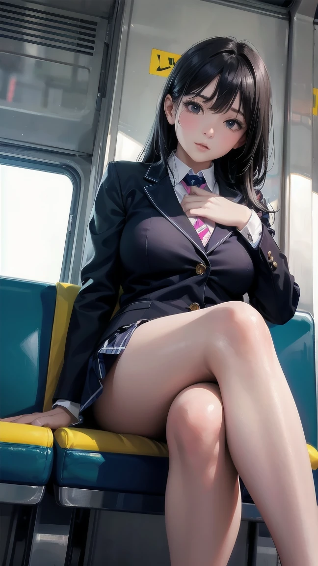 "(masterpiece, High resolution, Ultra High resolution, 4K) Black Hair, 14 year old Japanese girl, Uniform skirt, Accentuate your thighs, White thighs, Soft thighs, Gorgeous thighs, Sitting on a train, Alignment angle, (Angle from below),sitting in a train seat,Sit in front,Crotch Zoom Camera,Put your feet on the train floor,whole body,Looking down and sleepy,Only looking at the audience", highest quality, 超High resolution, (Realistic:1.4),, High resolution, Familiar, RAW Photos, Shapuri, Nikon D850 film stock photo by Lee Jefferies 4 Kodak Portra 400 camera F1.6 lens rich colors hyper Realistic lively textures dramatic lighting unreal engine artstation trends cinestir 800,only、Footjob、Nipples are visible、My chest is visible、sole、Pink nipples、