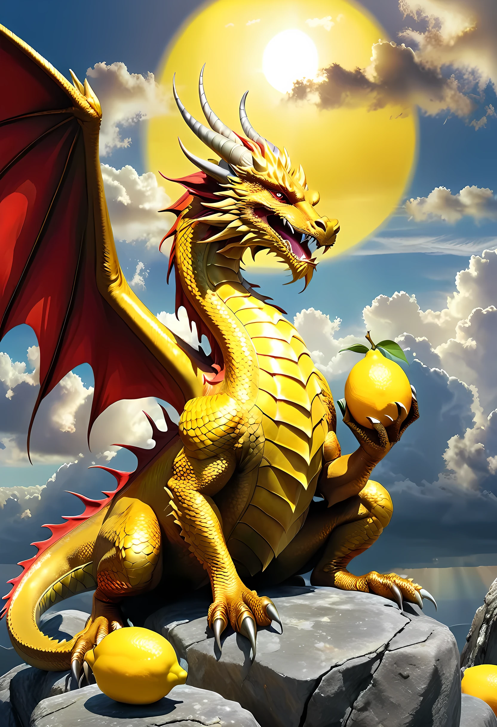 a picture of a gold dragon sitting on a massive rock , (eating a lemon: 1.3), (((eating lemon: 1.5))) (best details, Masterpiece, best quality :1.5), dragon_real cloudy skies background, an epic gold dragon (best details, Masterpiece, best quality :1.5) extremely detailed dragon,  horns, dragon_wings, dragon wings wide spread, ultra detailed face, the lemon is juicy dripping juice on the rock (best details, Masterpiece, best quality :1.3), birds view, sun rays, red divine rays, sun rays reflected in clouds (best details, Masterpiece, best quality :1.5), sense of serenity sense of awe majestic atmosphere, ultra best realistic, best details, best quality, 16k, [ultra detailed], masterpiece, best quality, (extremely detailed), ultra wide shot, photorealism, depth of field, hyper realistic painting,