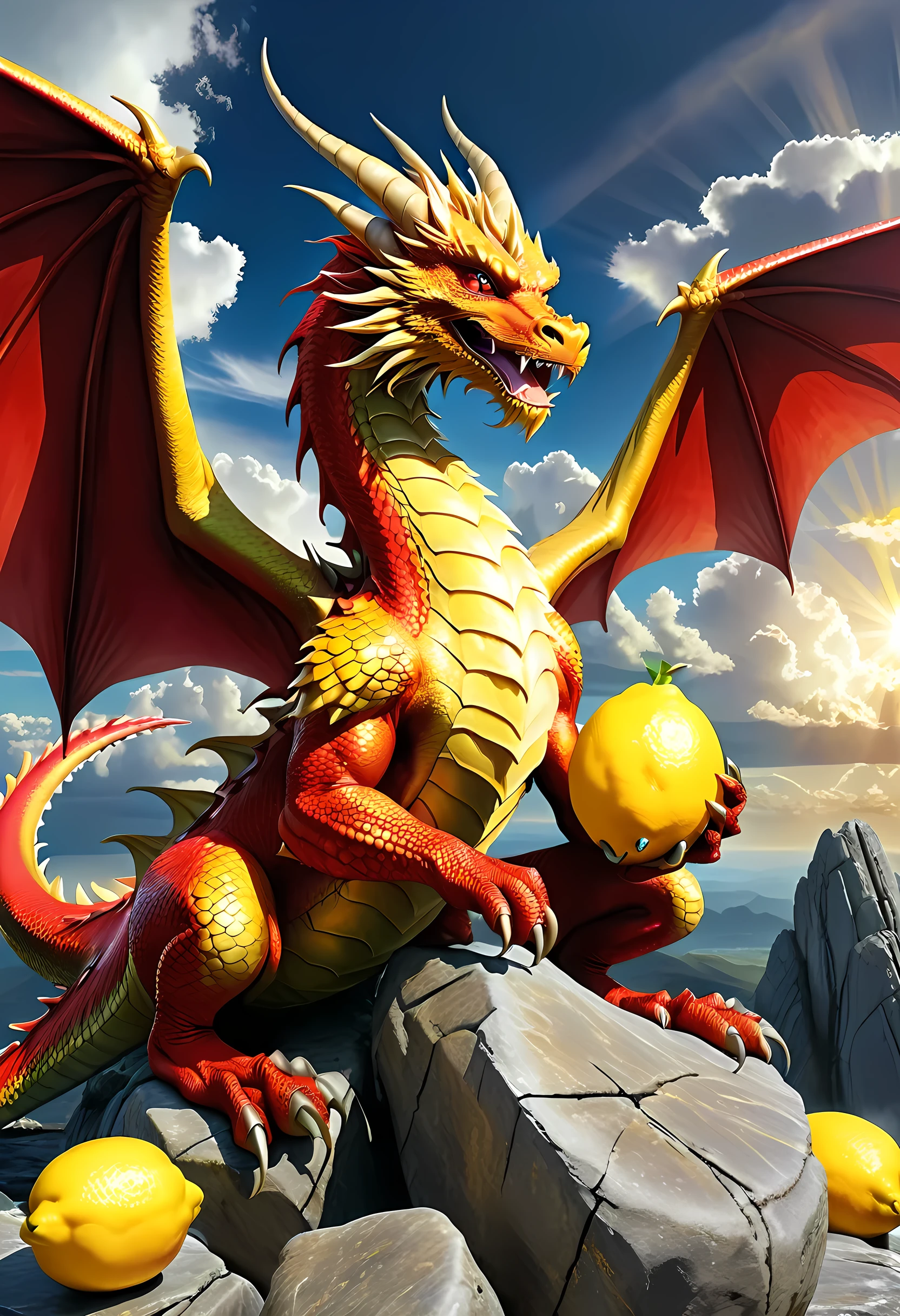 a picture of a gold dragon sitting on a massive rock , (eating a lemon: 1.3), (((eating lemon: 1.5))) (best details, Masterpiece, best quality :1.5), dragon_real cloudy skies background, an epic gold dragon (best details, Masterpiece, best quality :1.5) extremely detailed dragon,  horns, dragon_wings, dragon wings wide spread, ultra detailed face, the lemon is juicy dripping juice on the rock (best details, Masterpiece, best quality :1.3), birds view, sun rays, red divine rays, sun rays reflected in clouds (best details, Masterpiece, best quality :1.5), sense of serenity sense of awe majestic atmosphere, ultra best realistic, best details, best quality, 16k, [ultra detailed], masterpiece, best quality, (extremely detailed), ultra wide shot, photorealism, depth of field, hyper realistic painting,