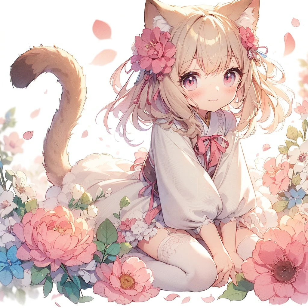 　(Exquisite, beautiful, Very detailed, masterpiece, high quality,High resolution),(Well-formed face,Soft and thin lines: 1.2, Beautiful and delicate illustrations with a mature and transparent feel),Beautiful flowers々Petals fluttering,A very small girl with fluffy, soft cat ears and a thin, long, flexible cat tail is meowing sweetly.,She is wearing off-the-shoulder, fluffy, soft clothes with lace, frills, and ribbons, and knee-high socks.,(Short eyebrows and pale pink blush, Plump pink lips,A small nose, a cat-like mouth with sharp Japanese fangs visible when smiling, and cat-like eyes.,She has a fairly large bust, an open chest, fair skin, a nice body, and a long, slender cat&#39;s tail.,),Dynamic angles with vibrant colors and striking colors,The American shorthair has a fluffy, soft coat., Meow!
