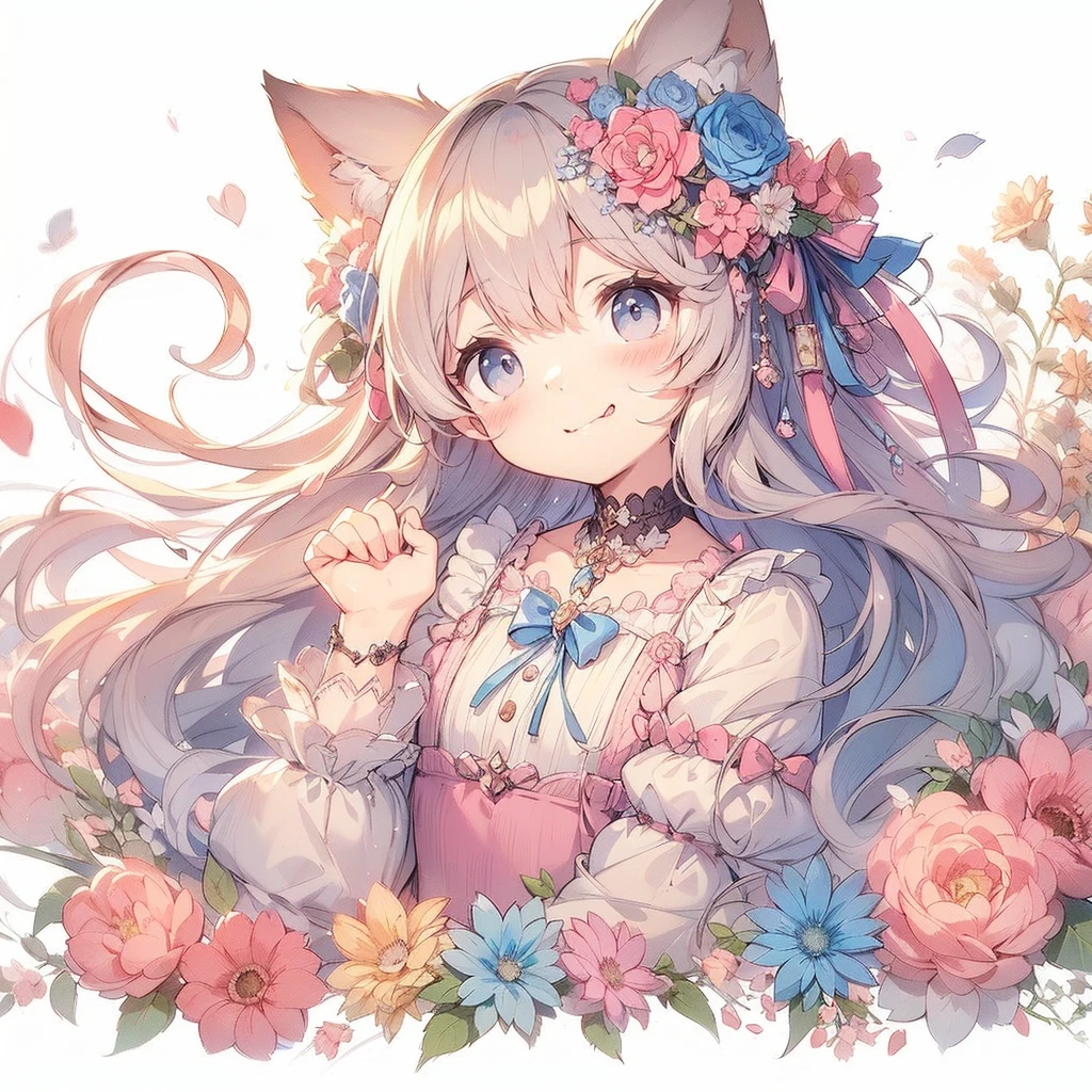 　(Exquisite, beautiful, Very detailed, masterpiece, high quality,High resolution),(Well-formed face,Soft and thin lines: 1.2, Beautiful and delicate illustrations with a mature and transparent feel),Beautiful flowers々Petals fluttering,A very small girl with fluffy, soft cat ears and a thin, long, flexible cat tail is meowing sweetly.,She is wearing off-the-shoulder, fluffy, soft clothes with lace, frills, and ribbons, and knee-high socks.,(Short eyebrows and pale pink blush, Plump pink lips,A small nose, a cat-like mouth with sharp Japanese fangs visible when smiling, and cat-like eyes.,She has a fairly large bust, an open chest, fair skin, a nice body, and a long, slender cat&#39;s tail.,),Dynamic angles with vibrant colors and striking colors,The American shorthair has a fluffy, soft coat., Meow!
