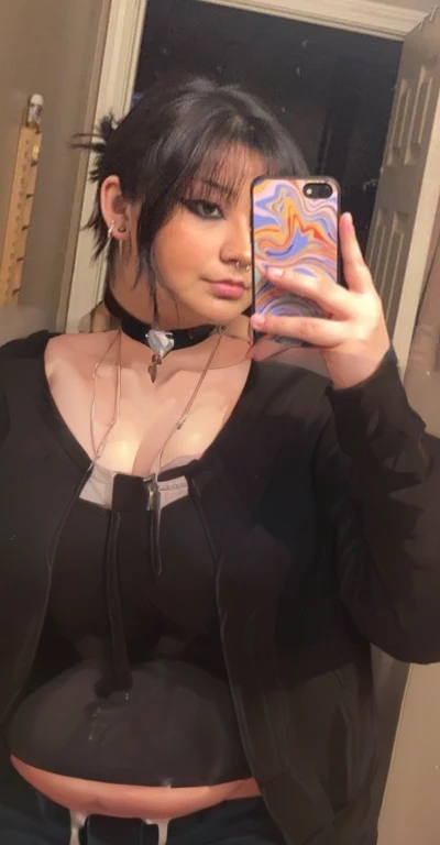 araffe woman taking a naked selfie in a mirror with a cell phone, wearing black choker, wearing intricate black choker, wearing choker, 1 7 - year - old goth girl, she is about 1 , 18 years old, 1 6 years old native american choker, wearing a chocker and cute hat, she is about 20 years old, Big tits, huge , no clothes, sexy, cute, no clothes, thick, bbw, chubby stomach, thick nipples, nipple piercings, large areola, hard nipples, piercing through shirt, busty, major cleavage, naked, ripping through top, spilling over sides, bra too tight, extra wide hips, fat bbw, showing off huge belly, fat stomach, fat bbw, big tummy, bare stomach, uncovered stomach, play with stomach, belly muffin top, belly hanging out of clothes, belly out, muffin top spilling over, no clothes, naked, big fat belly, belly fat spilling out