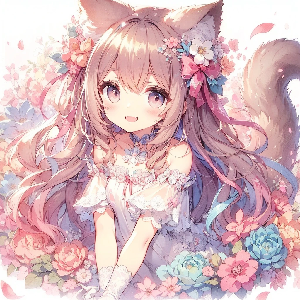 　(Exquisite, beautiful, Very detailed, masterpiece, high quality,High resolution),(Well-formed face,Soft and thin lines: 1.2, Beautiful and delicate illustrations with a mature and transparent feel),Beautiful flowers々Petals fluttering,A very small girl with fluffy, soft cat ears and a thin, long, flexible cat tail is meowing sweetly.,She is wearing off-the-shoulder, fluffy, soft clothes with lace, frills, and ribbons, and knee-high socks.,(Short eyebrows and pale pink blush, Plump pink lips,A small nose, a cat-like mouth with sharp Japanese fangs visible when smiling, and cat-like eyes.,She has a fairly large bust, an open chest, fair skin, a nice body, and a long, slender cat&#39;s tail.,),Dynamic angles with vibrant colors and striking colors,The American shorthair has a fluffy, soft coat., Meow!
