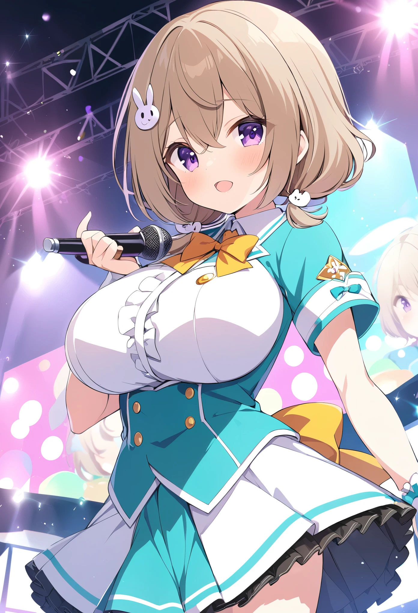 KAZEMACHIHARUKA
LIGHT BROWN HAIR, LOW TWINTAILS, HAIR BETWEEN EYES, HAIRCLIP, RABBIT HAIR ORNAMENT, SHORT HAIR, Purple EYES, Big Breasts, Live Stage, uniform, solo