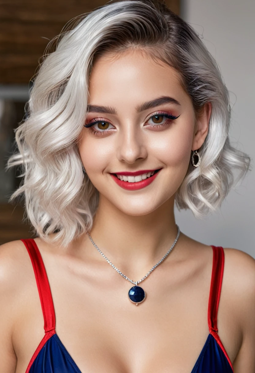 hyperrealistic beautiful busty 18-year-old teen girl with long legs wearing shiny metallic red-navy onepiece swimwear, model shooting full body photography, dyed white hair with curly bob, dark eye makeup with eyeliner, seductive smile, small necklace, 8K, Best quality, Meisterwerk, ultra high resolution, (Realismus: 1.4), Originalfoto, (realistische Hautstruktur: 1.3), (Filmkorn: 1.3), (Selfie-Winkel), 1 girl, Beautiful round hazel eyes and facial details, Meisterwerk, Best quality, posing indoor in the living room