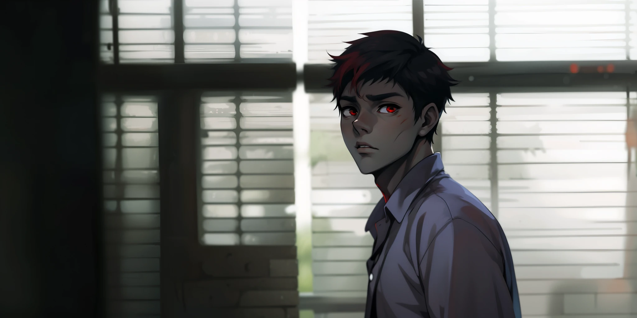(estilo anime 2d plano) young man is scared worried is scared has red hair red eyes