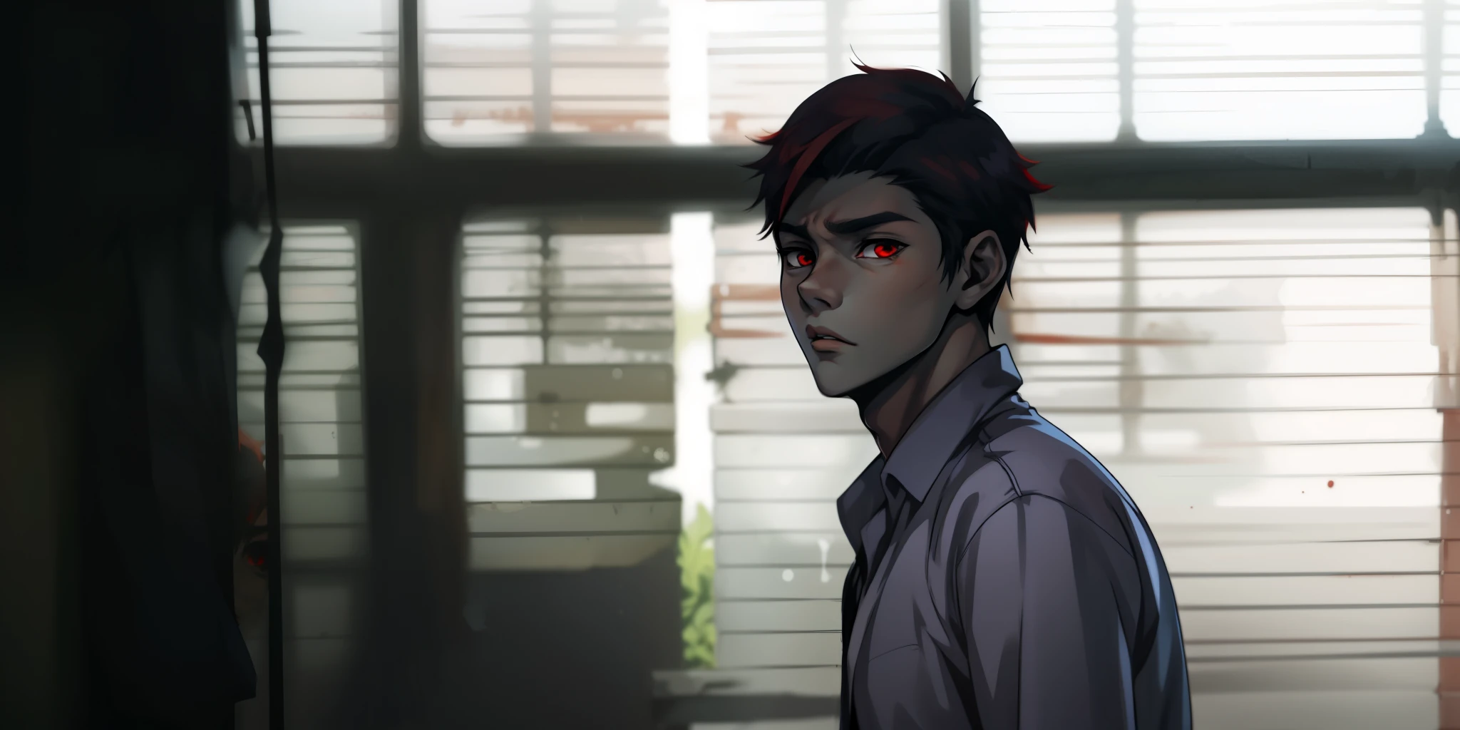 (estilo anime 2d plano) young 17 year old man is scared worried is scared has red hair red eyes