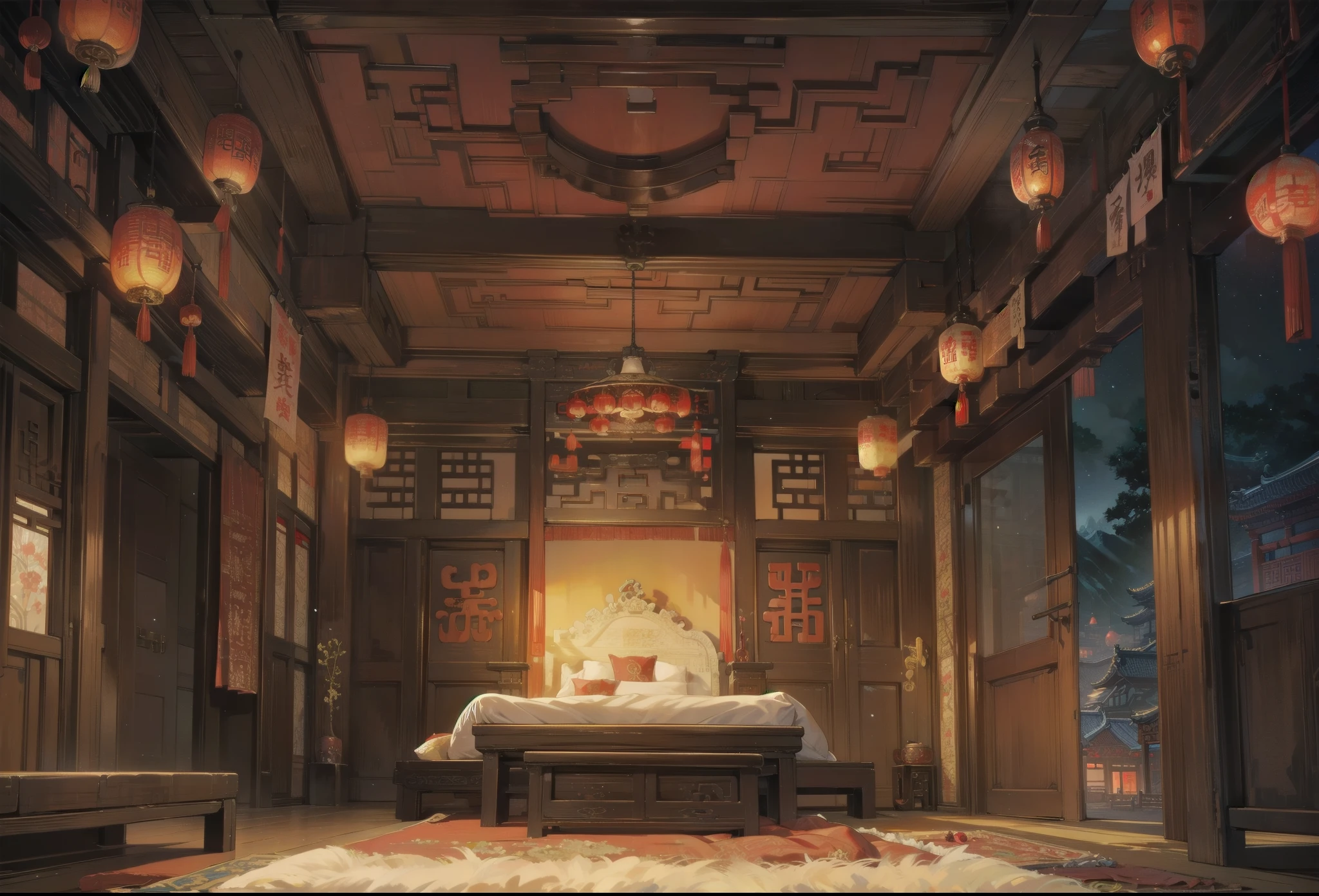 inside Old ancient chinese mansion, ancient traditional mansion, mansion, bright colors, stunning mansion, detailed chinese mansion, scene, scenery, background, luxury, detailed, indoors, chinese ancient room, chense bedroom, bed, decoration, marital room, night, night time, front view, canopy bed