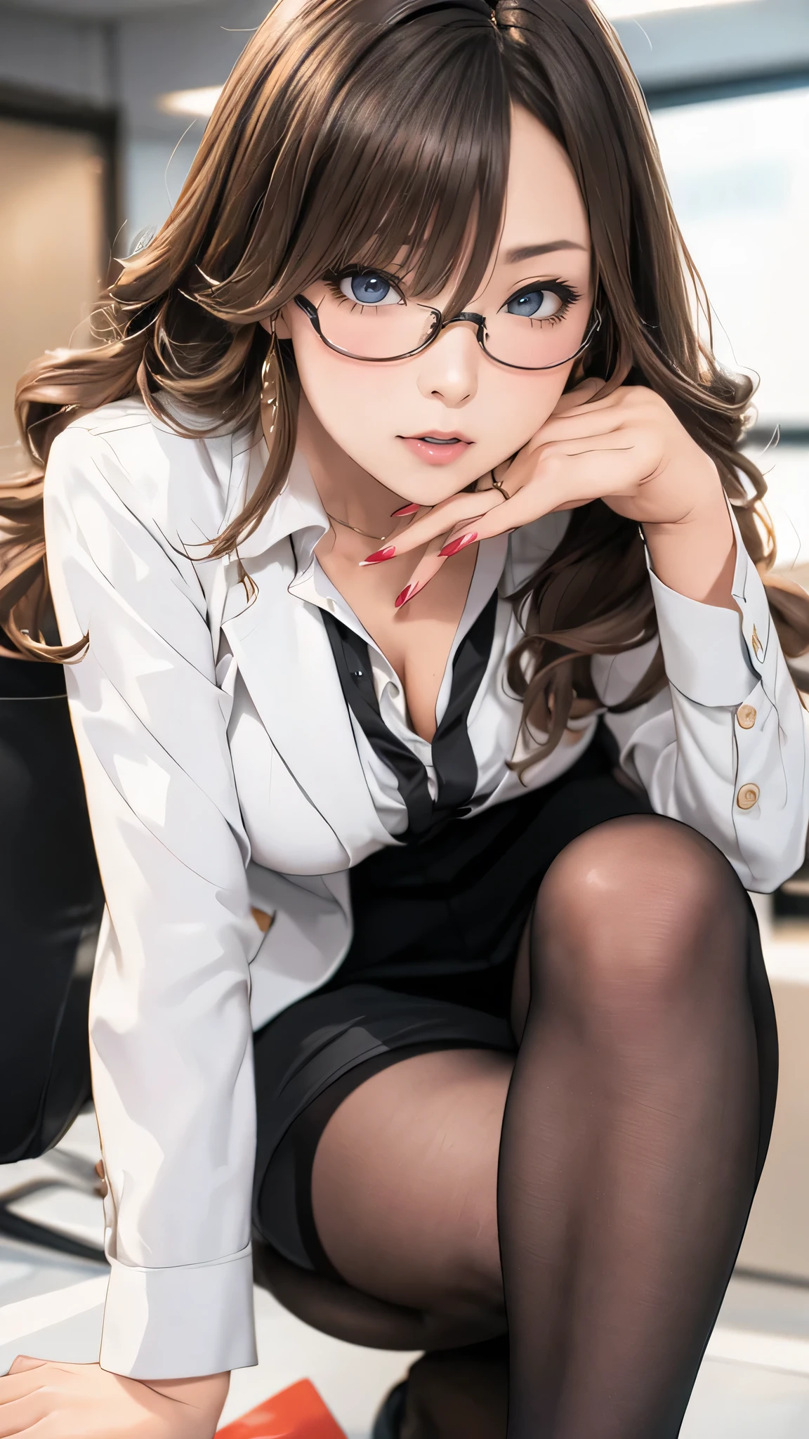 1woman,random office lady fashion,(Thin type),(large breasts),(random sexy pose),(random hairstyle),(Highest image quality,(8K), Ultra-realistic, Best Quality, High quality, High Definition, high quality texture, high detailing, Beautiful detailed, fine detailed, extremely details CG, Detailed texture, realistic representation of face, masterpiece, presence),(wearing glasses:1.2),black pantyhose