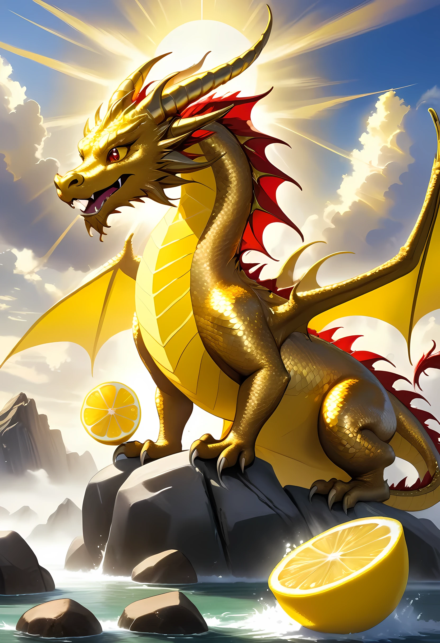 a picture of a gold dragon sitting on a massive rock , (eating a lemon: 1.3), (((eating lemon: 1.5))) (best details, Masterpiece, best quality :1.5), dragon_real cloudy skies background, an epic gold dragon (best details, Masterpiece, best quality :1.5) extremely detailed dragon,  horns, dragon_wings, dragon wings wide spread, ultra detailed face, the lemon is juicy dripping juice on the rock (best details, Masterpiece, best quality :1.3), birds view, sun rays, red divine rays, sun rays reflected in clouds (best details, Masterpiece, best quality :1.5), sense of serenity sense of awe majestic atmosphere, ultra best realistic, best details, best quality, 16k, [ultra detailed], masterpiece, best quality, (extremely detailed), ultra wide shot, photorealism, depth of field, hyper realistic painting,