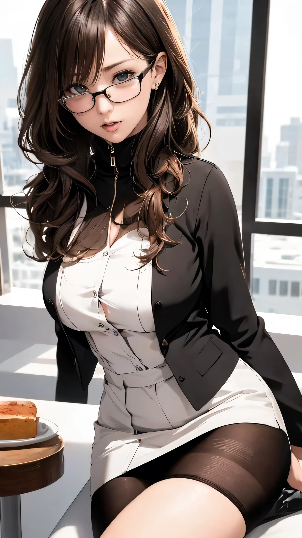 1woman,random office lady fashion,(Thin type),(large breasts),(random sexy pose),(random hairstyle),(Highest image quality,(8K), Ultra-realistic, Best Quality, High quality, High Definition, high quality texture, high detailing, Beautiful detailed, fine detailed, extremely details CG, Detailed texture, realistic representation of face, masterpiece, presence),(wearing glasses:1.2),black pantyhose