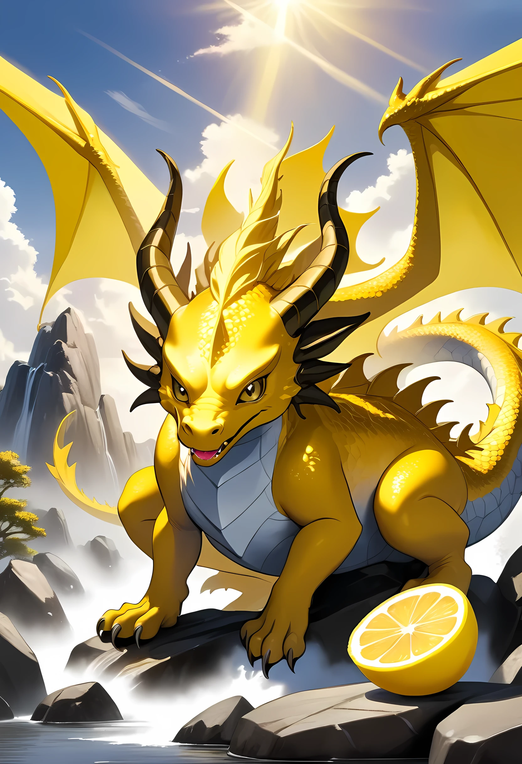 a picture of a gold dragon sitting on a massive rock , (eating a lemon: 1.3), (((biting a lemon: 1.5))) (best details, Masterpiece, best quality :1.5), dragon_real cloudy skies background, an epic gold dragon (best details, Masterpiece, best quality :1.5) extremely detailed dragon,  horns, dragon_wings, dragon wings wide spread, ultra detailed face, the lemon is juicy dripping juice on the rock (best details, Masterpiece, best quality :1.3), birds view, sun rays, red divine rays, sun rays reflected in clouds (best details, Masterpiece, best quality :1.5), sense of serenity sense of awe majestic atmosphere, ultra best realistic, best details, best quality, 16k, [ultra detailed], masterpiece, best quality, (extremely detailed), ultra wide shot, photorealism, depth of field, hyper realistic painting,