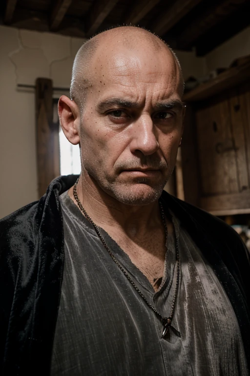 Man, 50 years, thick neck, strong jaw, short, squat, enormous hands, broad, short white hair, bald spots on his head, white hairs coming out of his nose and ears, broken nose, red-stained teeth, scowling face, wears a black medieval shirt, loose grey velvet robe, he wears a thick chain with links of different colors around his neck
