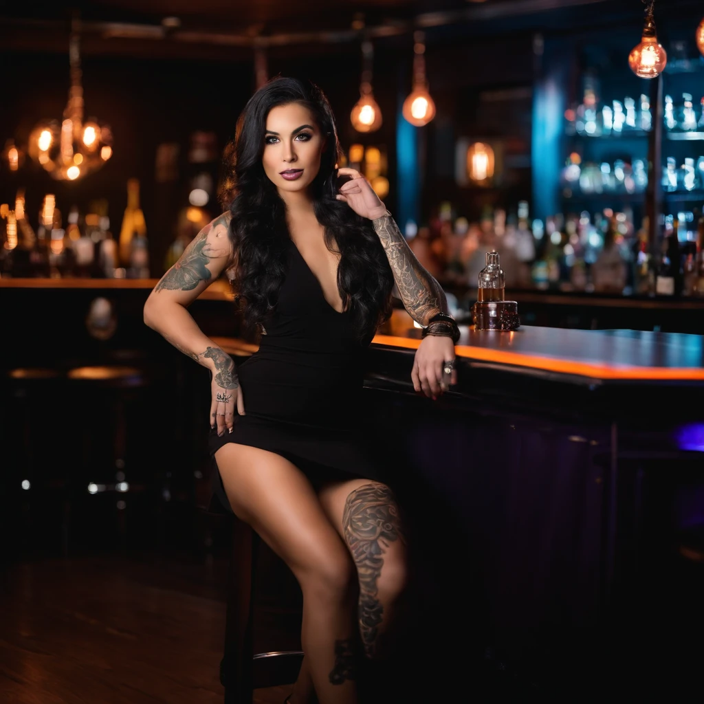 Photo of a 20 year old woman with long black hair, in a short white cocktail dress sitting at the bar of a nightclub looking at the camera, she is tattooed and wearing a necklace and high heels, the area is neon lit and there are glasses on the bar. Nikon D850 with Nikon AF-S VR Micro-NIKKOR 105mm f/2.8G IF-ED Lens, style raw --ar 3:4 --s 550 --v 6.0