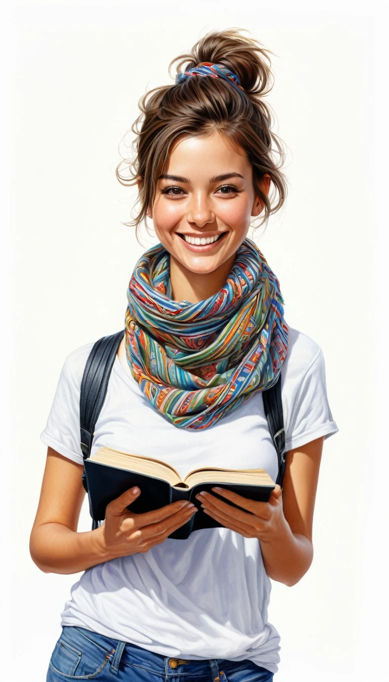 crea una mujer sonriendo de pelo corto pixie, with a t-shirt and scarf around his neck with a book , estilo ilustracion de Ali Erturk, alto detalle, hiperrealista, luz natural,ilustracion , colores llamativos fondo de mariposas
