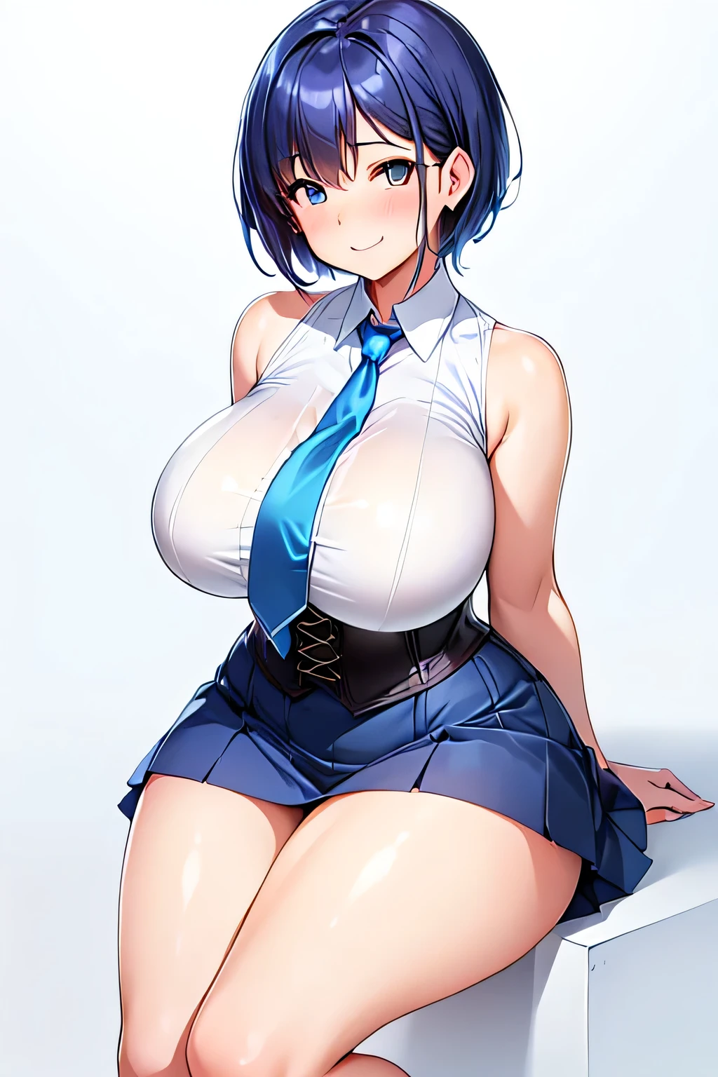 (high quality, High resolution, Fine details), ((simple white background)), sleeveless shirts, corset, blue miniskirt, blue necktie, alone, Curvaceous mature woman, fleshy, short hair, voluptuous thighs, thick thighs, Sparkling eyes, (Fine grain:1.2), smile, blush, Sweat, Oily skin, [[from side]], breasts on crossed arms, bare cleavage,