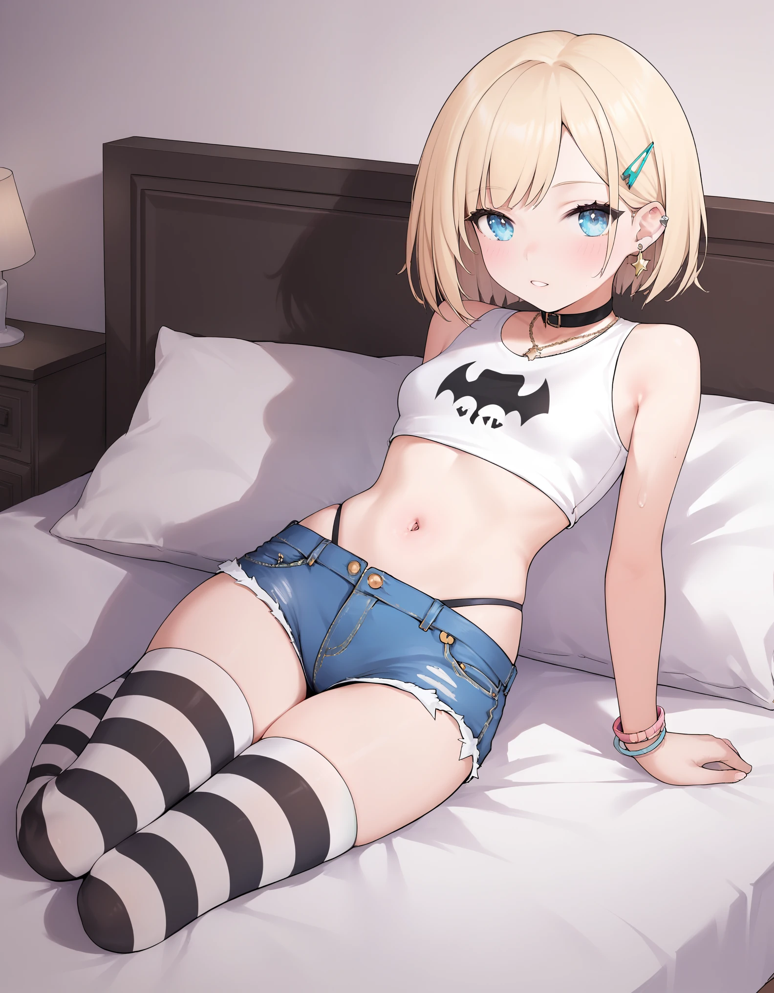 score_9, score_8_up, score_7_up, score_6_up, rating_safe, (masterpiece, best quality), 1girl, small breasts, small hips, crop top, denim shorts, bedroom, striped thighhighs, pervert,