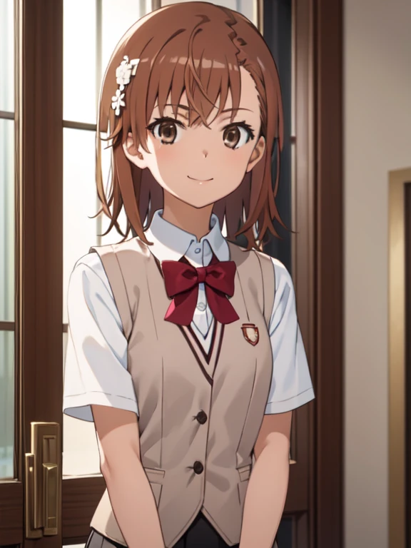 Masterpiece hd, solo, 1girl, misaka mikoto, tokiwadai, wear white collared shirt, wear brown vest, bow, looking at viewer,, smile, upper body, standing, indoor