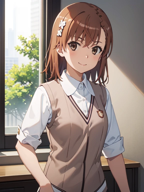 Masterpiece hd, solo, 1girl, misaka mikoto, tokiwadai, wear white collared shirt, wear brown vest, bow, looking at viewer,, smile, upper body, standing, indoor