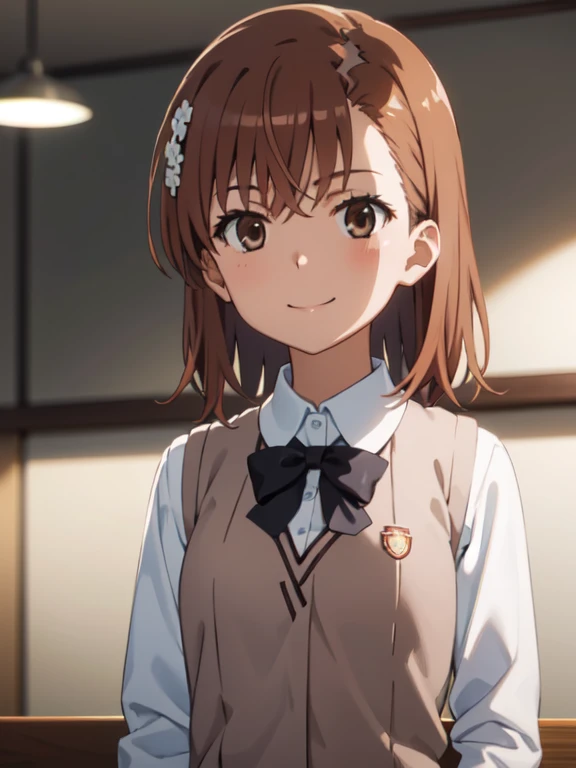 Masterpiece hd, solo, 1girl, misaka mikoto, tokiwadai, wear white collared shirt, wear brown vest, bow, looking at viewer,, smile, upper body, standing, indoor