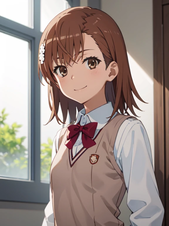 Masterpiece hd, solo, 1girl, misaka mikoto, tokiwadai, wear white collared shirt, wear brown vest, bow, looking at viewer,, smile, upper body, standing, indoor