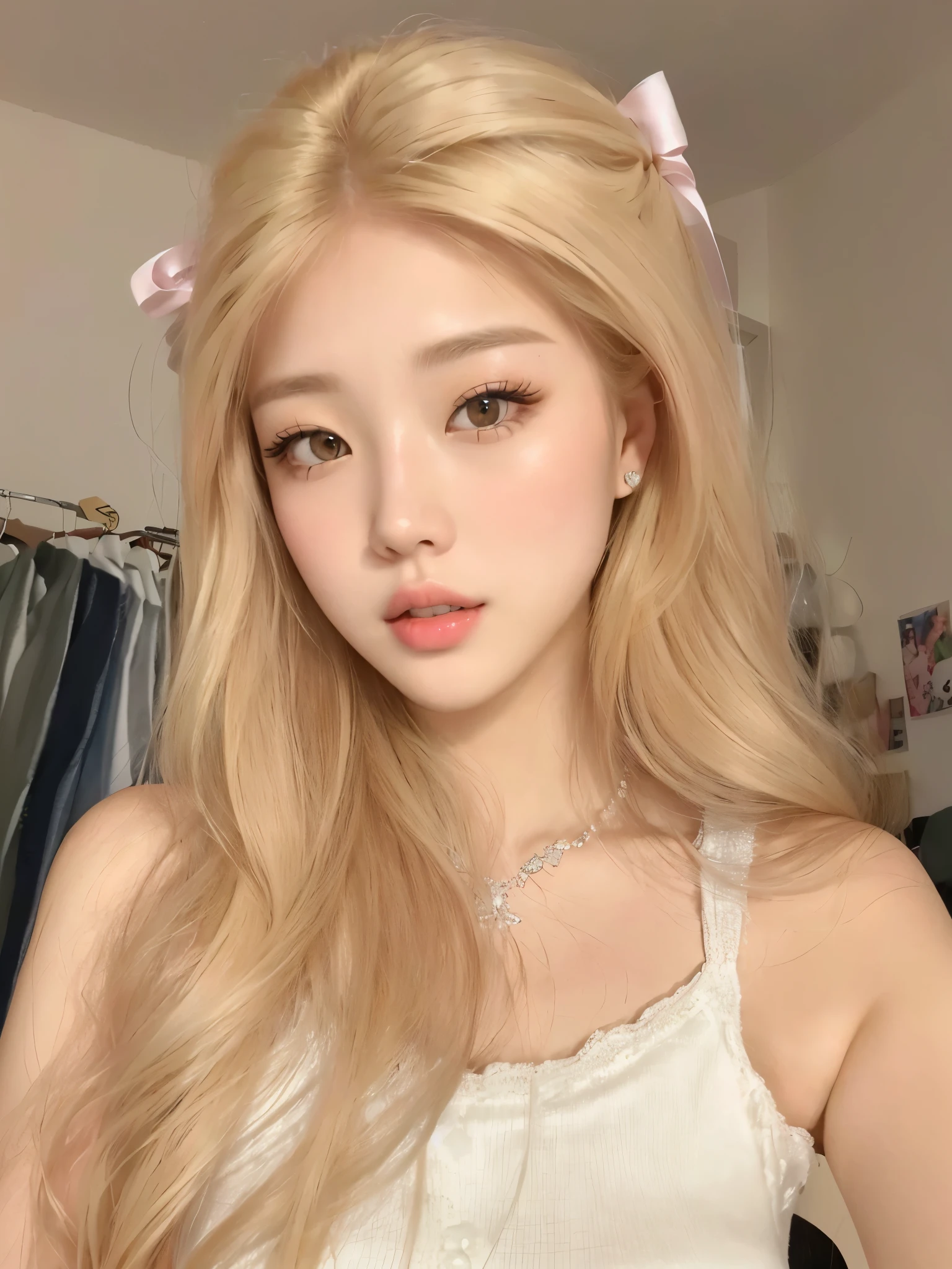 un primer plano de una mujer con cabello largo y rubio con un vestido blanco, bella delfina, maquillaje popular de corea del sur, muchacha coreana, ulzzang, Maquillaje coreano popular, very very pale blonde hair, extremely pale blonde hair, parque roseanne de blackpink, hermosa mujer surcoreana, hermosa joven coreana, hermosa joven coreana, joven y adorable rostro coreano