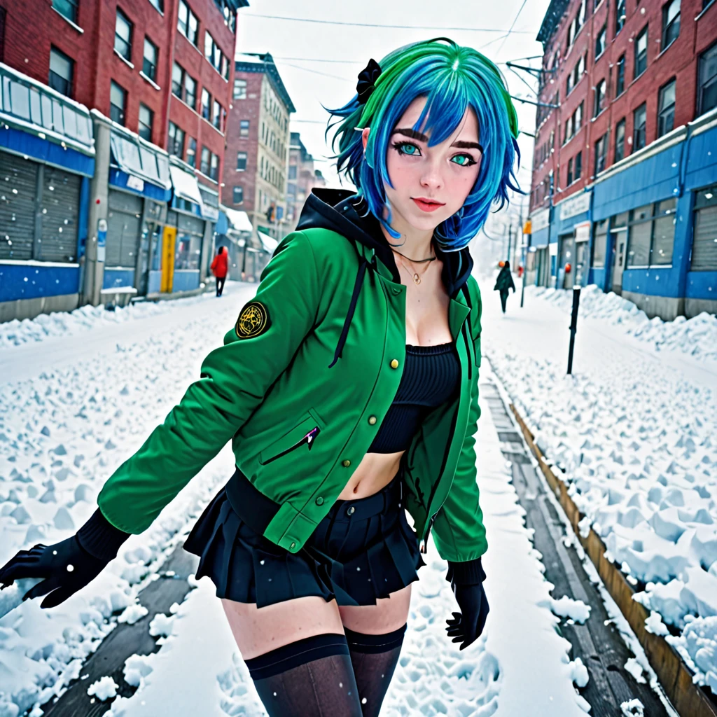 best quality,ultra high res,1girl,solo,full body,snow,city, blue hair,green eyes,jk, rape