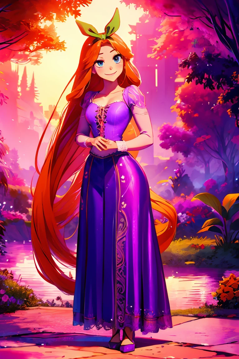 Fusion between Rapunzel from disney and Yotsuba Nakano, good fusion, excellent character design, masterpiece, 4k, perfect anatomy, perfect face, perfect eyes, 1girl, solo, full body, yotsuba nakano wearing rapunzel's dress, long long orange hair, red hair, pink hair, orange hair, extremely long hair, bangs, hair between eyes, green ribbon on hair, hair ribbon, blue eyes, athletic, muscular, purple rapunzel dress, long dress, long purple dress, smiling, cute, lovely, lovely expression, simply nature magical background, full body, standing up