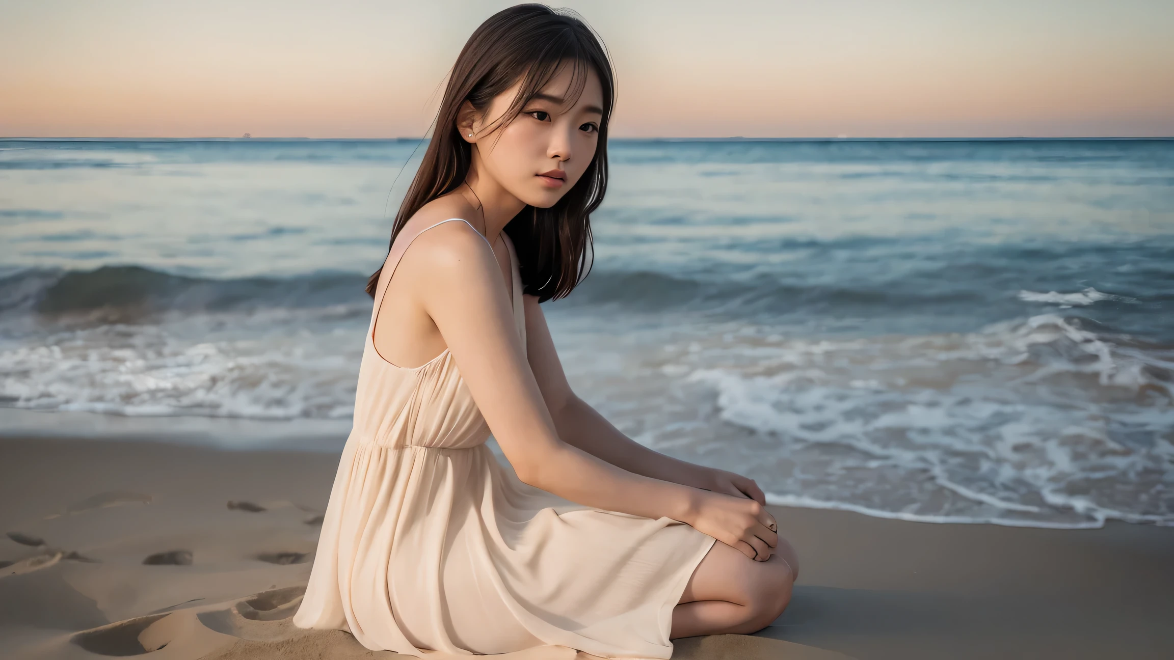 sally ann, Photograph of a quiet beach at sunset, Pastel colors caress the figure in a flowing beige dress, embodying tranquility、 ., Mysterious, Model Body, Santa Monica Beach, California beaches, Beautiful Asian Girl, Very detailed, photographrealistic, photograph, Gentle Calm Dreamy May 25th 2024 C Sitting on the Sand#Major 528Hz Hi-Fi