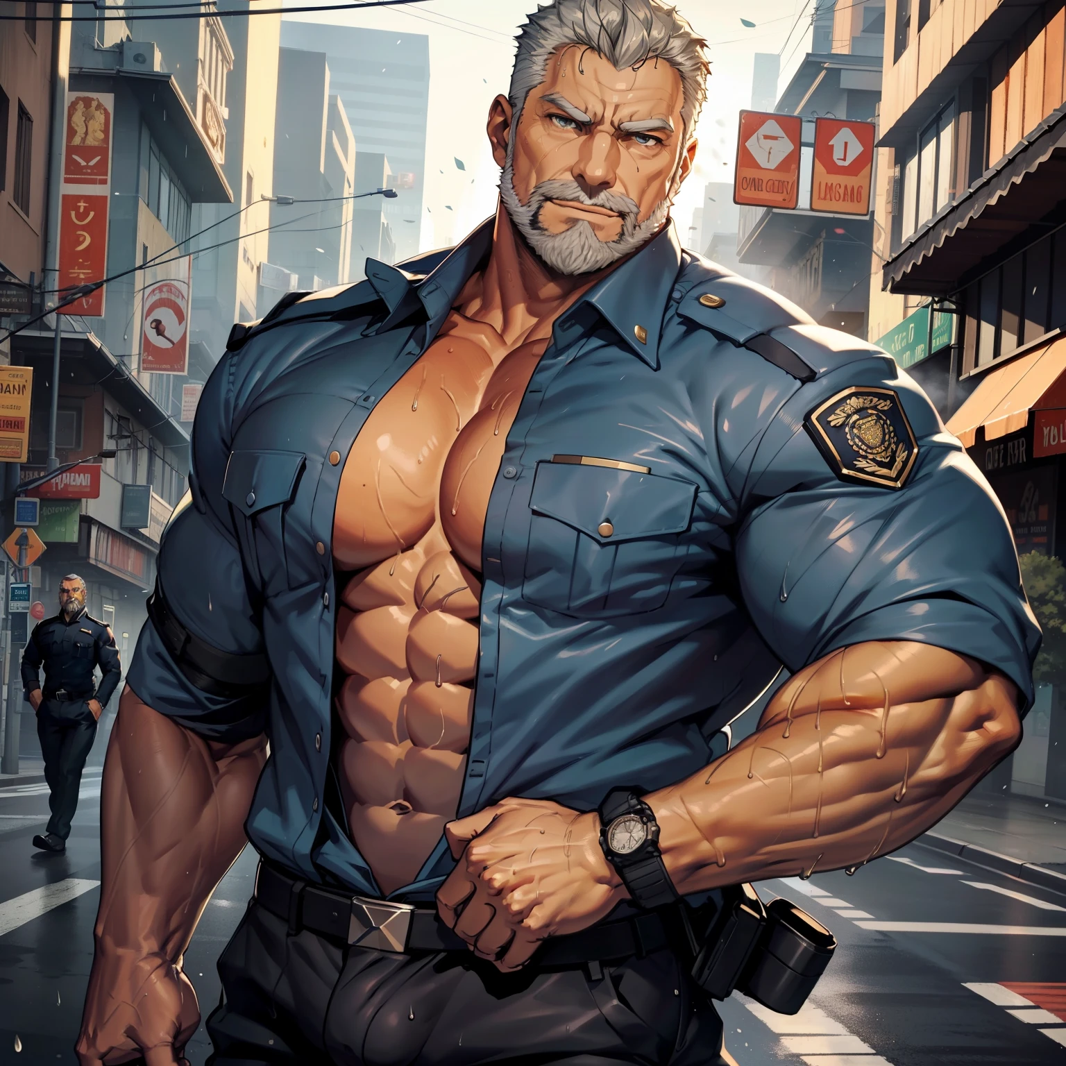 A bodybuilder policeman fighting at the street, muito lascivo, imponente, Vista lateral, corpo inteiro, 50 years old, grey short hair , thick grey beard, dark oliva skin color, peitorais largos, peitorais enornes, hair chest, pose sensual, rindo do espectador, wearing a tight cleavage uniform and a very tight formal pants, he is showing his massive penis, testicules, detail eyes, He's on a busy street, wet body, bare arms, big bulge, thick thights, Obra-prima maravilhosa altamente detalhada, beautiful cinematic light deep focus, elegante, Pintura digital, sementes, sharp focus, golden ratio, dramatic lighting, 8k