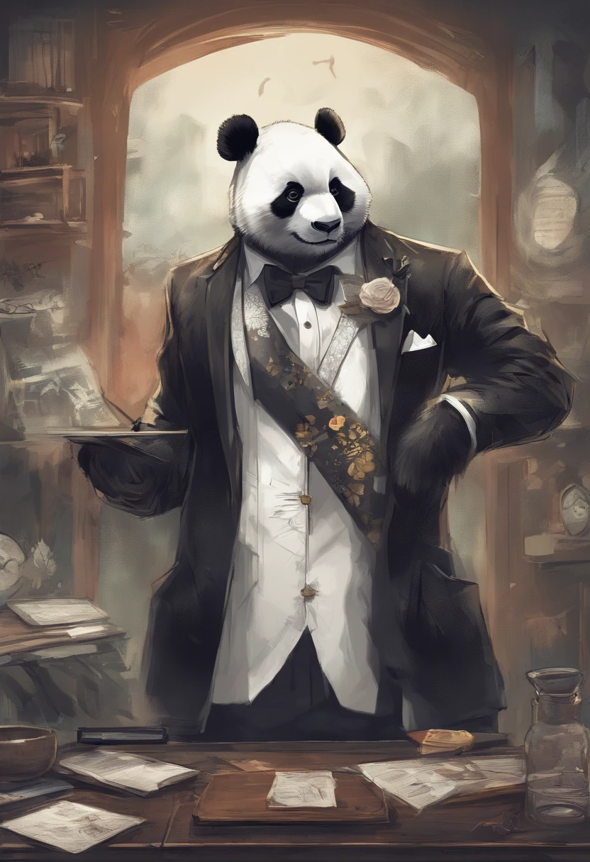 anthropomorphic panda, de cuerpo entero, vestido formalmente con un blazer, sostiene una bandeja, pegatina de panda, sticker de panda.