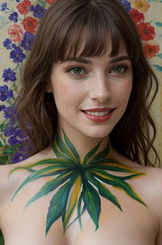 Nathalie Portmann,  25 ans, seductive look, sourire romantique, fine, brune, yeux verts, masterclass, 8K, UHD, HD, High quality,   sexy, bodypainting, dans un atelier de peinture, tableaux, peinture partout sur le mur, motif de fleurs sur la peau, topless, bodypainting, motif de tableau impressionisme impressionisme, tableau impressioniste peint sur le corps, Pierre Bonnard