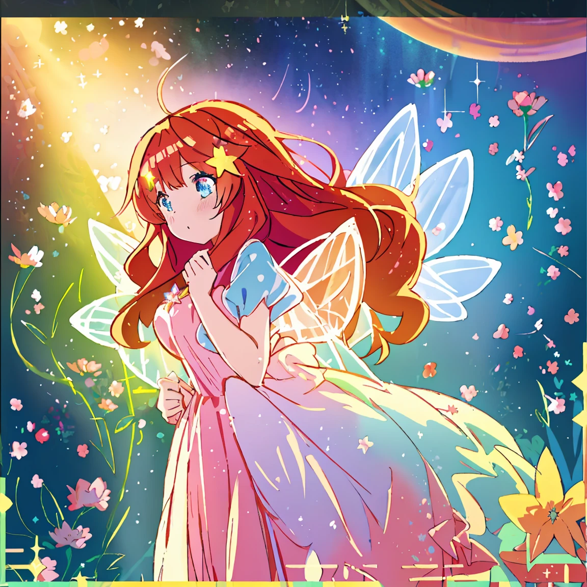 beautiful girl in flowing ballgown dress, (glowing fairy wings), glowing flowing ballgown, long wavy hair, sparkling fairy wings, watercolor illustration, flowers and colorful plants, inspired by Glen Keane, inspired by Lois van Baarle, disney art style, by Lois van Baarle, glowing aura around her, by Glen Keane, Itsuki Nakano, long fluffy red hair, blue eyes, nakano_itsuki,  jen bartel, glowing lights! digital painting, flowing glowing hair, glowing flowing hair, star hairclips, 5-pointed star hairclips, beautiful digital illustration, fantasia otherworldly landscape plants flowers, beautiful, masterpiece, best quality, anime disney style