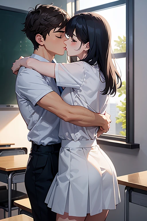 8K, highest quality, masterpiece, Ultra-high resolution, ((One male teacher)), (Deep Kiss), (Embrace each other), (One female student), White blouse, Navy Skirt, classroom
