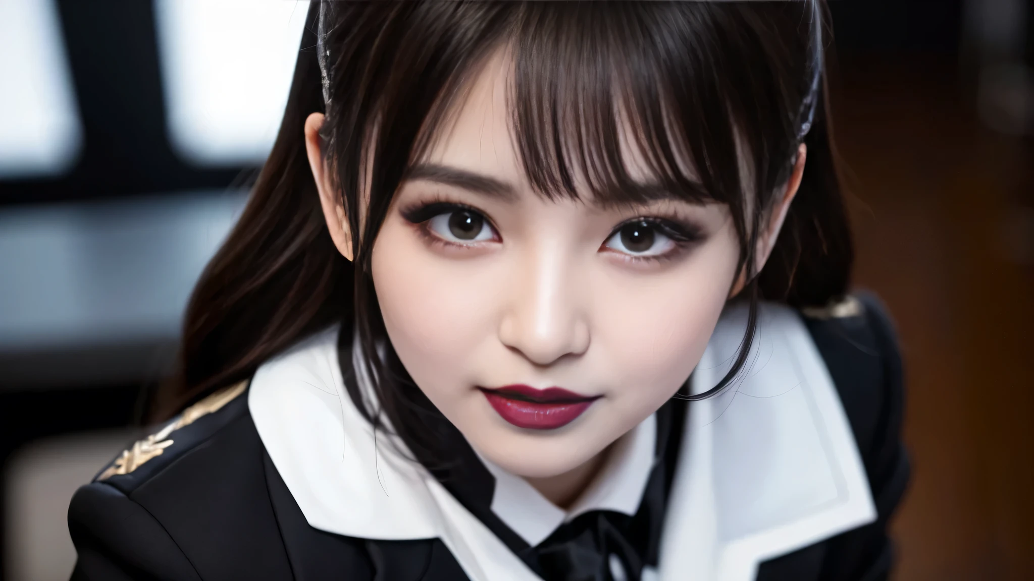 best quality、ultra-detailed、4k、Japanese、Seductive beauty、seductive adult woman、Pretty Woman、cool girl、Villainess、Brainwashed、brainwash、Fallen into evil、smirk、Evil look、Wicked Smile、evil、Brown hair、wavy hair、swept bangs、dark makeup、dark makeup、piercing eyes、hollow eyes,half-closed eyes、Hollow Eyes、purple Eyeshadow、black lipstick、black lipglos、office staff suit、suit、Jacket、Black sleeves、White Shirt、Black Ribbon、Tight Skirt、pantyhose、stockings、night、inside darkroom、Are standing、shoot from below、Have lipstick、Emblem of Evil、Crest of Darkness、Swear allegiance、I have pledged my allegiance、Dye black、Blackening、Stained with evil、Dyed in darkness、Seduce