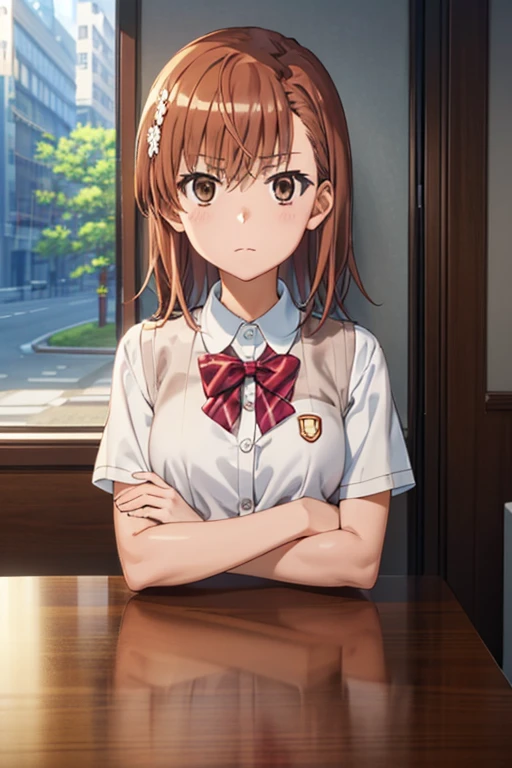 (((pixel perfect, detail perfect))), alone, 1 girl, Misaka Mikoto, Tokiwadai , bow, looking at the viewer, crossed arms, closed mouth, Upper body
