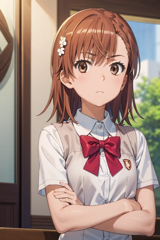 (((pixel perfect, detail perfect))), alone, 1 girl, Misaka Mikoto, Tokiwadai , bow, looking at the viewer, crossed arms, closed mouth, Upper body