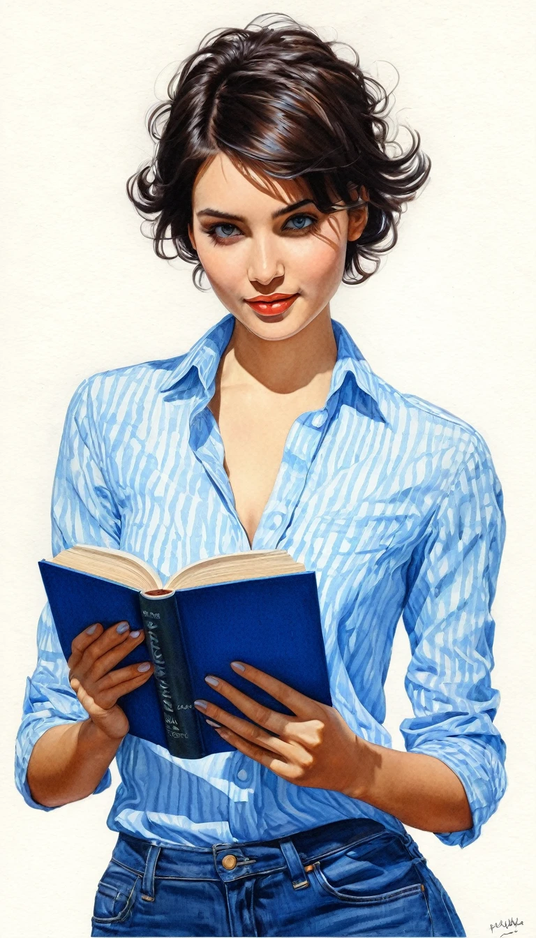 crea una mujer con pelo corte pixie ,con camisa azul , con un libro ,obra maestra, estilo ilustracion de Ali Erturk, alto detalle, hiperrealista, luz natural,ilustracion , colores llamativos